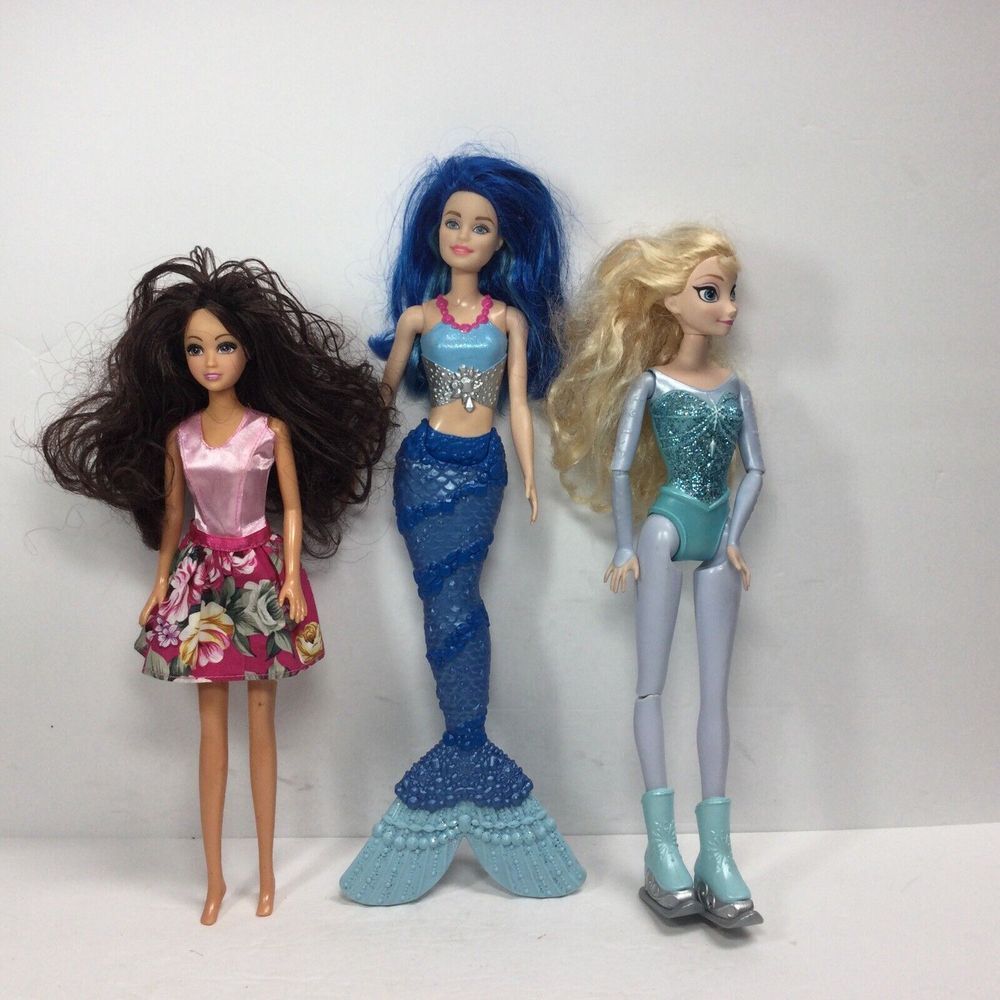 Lot of 3 Barbie Dolls Mermaid / Skating Elsa / Fashionista barbie 12in Toy